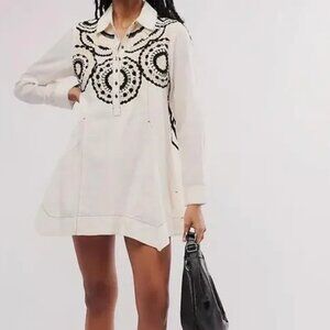 Free People Mirage Mini Shirt Dress Crochet Detail Cutout Back Ivory Black M